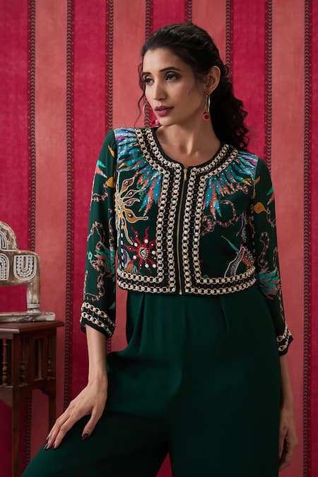 Shop Soup By Sougat Paul Green Crepe Embroidery, Beads Open Neck Aisha Plain Jumpsuit With Jacket Online at Aza Fashions Shop_Soup By Sougat Paul_Green Crepe Embroidery, Beads Open Neck Aisha Plain Jumpsuit With Jacket _Online_at_Aza_Fashions