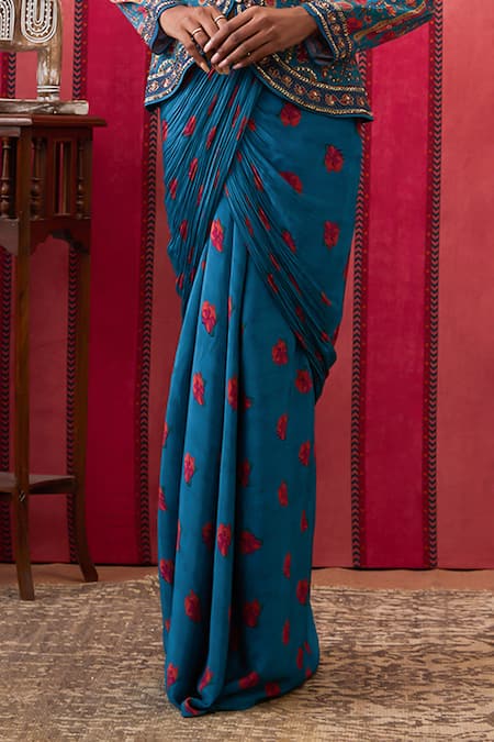 Soup By Sougat Paul_Blue Crepe Sequins, Beads Bandeau Neck Embroidered Jacket And Draped Skirt Set _Online_at_Aza_Fashions