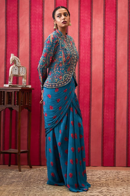 Buy_Soup By Sougat Paul_Blue Crepe Sequins, Beads Bandeau Neck Embroidered Jacket And Draped Skirt Set _Online_at_Aza_Fashions
