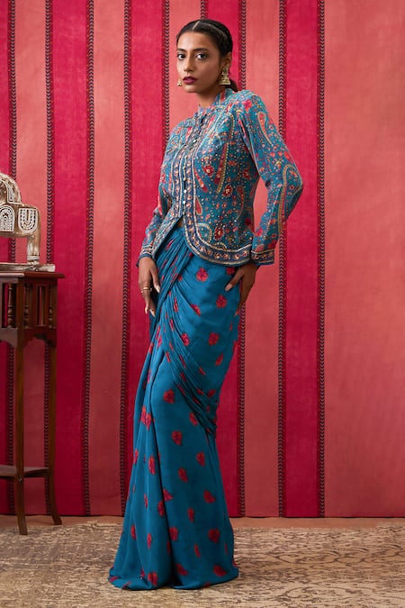 Shop_Soup By Sougat Paul_Blue Crepe Sequins, Beads Bandeau Neck Embroidered Jacket And Draped Skirt Set _Online_at_Aza_Fashions