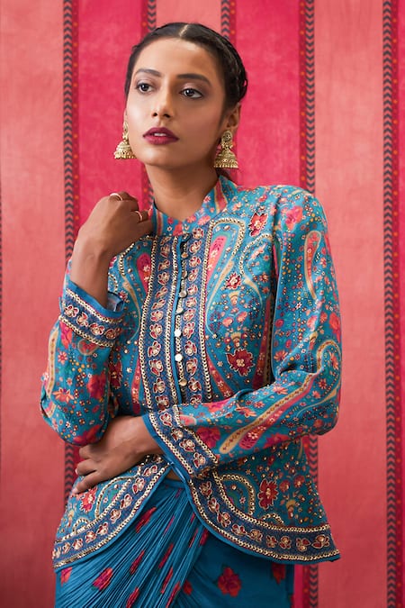 Soup By Sougat Paul_Blue Crepe Sequins, Beads Bandeau Neck Embroidered Jacket And Draped Skirt Set _at_Aza_Fashions