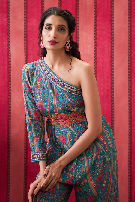 Soup By Sougat Paul Blue Crepe Embroidery One Shoulder Qala Embellished Jumpsuit With Belt at Aza Fashions Soup By Sougat Paul_Blue Crepe Embroidery One Shoulder Qala Embellished Jumpsuit With Belt _at_Aza_Fashions