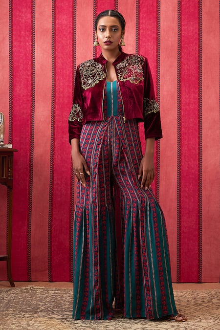 Soup by Sougat Paul Maroon Jumpsuit Crepe Embroidered Bead Mandarin Collar Qala With Jacket 