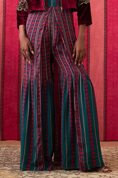 Soup By Sougat Paul_Maroon Velvet, Crepe Beads, Sequins, Embroidery Qala Jumpsuit With Jacket _Online_at_Aza_Fashions