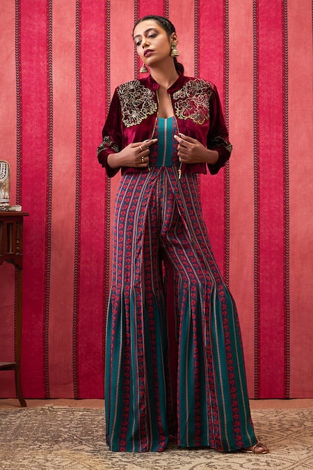 Buy_Soup By Sougat Paul_Maroon Velvet, Crepe Beads, Sequins, Embroidery Qala Jumpsuit With Jacket _Online_at_Aza_Fashions
