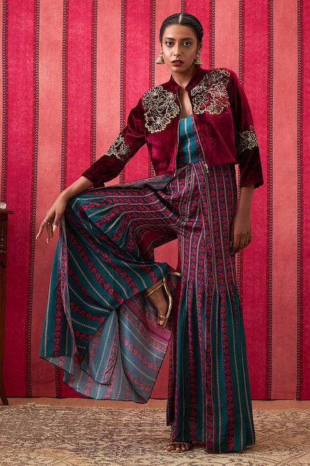 Shop_Soup By Sougat Paul_Maroon Velvet, Crepe Beads, Sequins, Embroidery Qala Jumpsuit With Jacket _Online_at_Aza_Fashions
