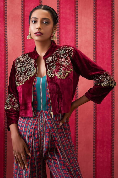 Soup By Sougat Paul_Maroon Velvet, Crepe Beads, Sequins, Embroidery Qala Jumpsuit With Jacket _at_Aza_Fashions