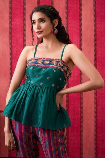 Soup By Sougat Paul_Green Chanderi Silk Sequins, Beads, Embroidery Qala Peplum Top And Pant Set _Online_at_Aza_Fashions