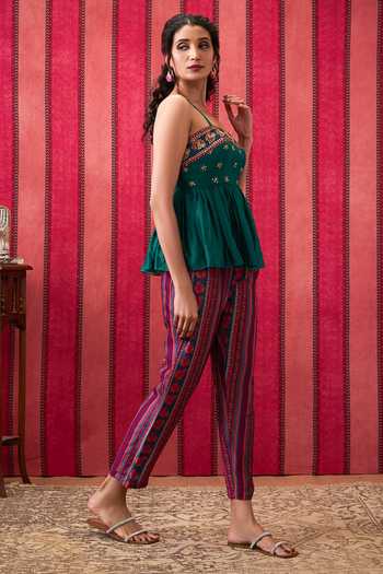 Soup By Sougat Paul_Green Chanderi Silk Sequins, Beads, Embroidery Qala Peplum Top And Pant Set _at_Aza_Fashions