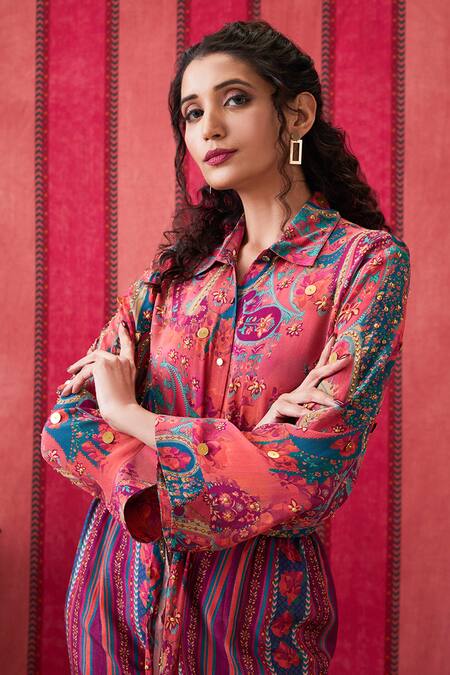 Soup By Sougat Paul Multi Color Crepe, Silk Sequins Collared Qala Embellished Shirt And Pant Set at Aza Fashions Soup By Sougat Paul_Multi Color Crepe, Silk Sequins Collared Qala Embellished Shirt And Pant Set _at_Aza_Fashions