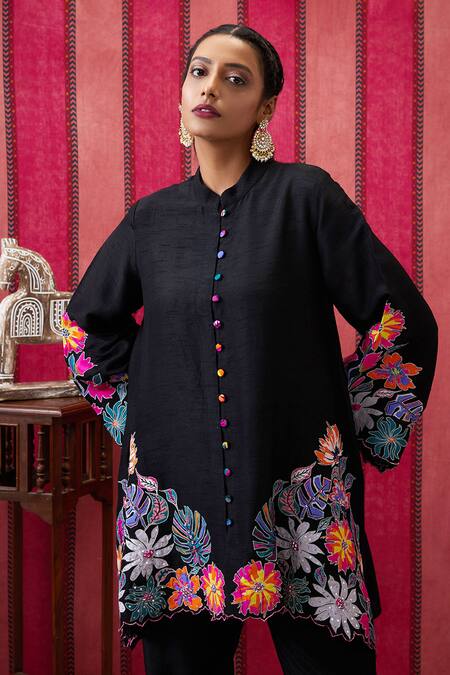 Soup By Sougat Paul Black Silk Embroidery Mandarin Zinnia Floral Applique High Low Tunic With Pant Online at Aza Fashions Soup By Sougat Paul_Black Silk Embroidery Mandarin Zinnia Floral Applique High Low Tunic With Pant _Online_at_Aza_Fashions