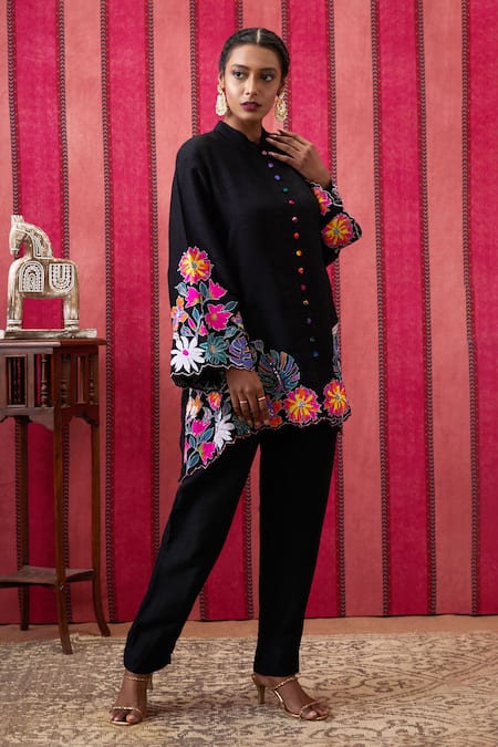 Soup By Sougat Paul Black Silk Embroidery Mandarin Zinnia Floral Applique High Low Tunic With Pant at Aza Fashions Soup By Sougat Paul_Black Silk Embroidery Mandarin Zinnia Floral Applique High Low Tunic With Pant _at_Aza_Fashions