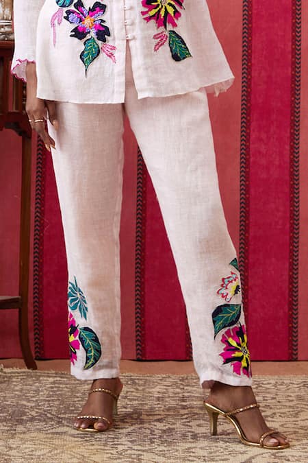 Soup By Sougat Paul White Handloom Cotton Embroidery, Blossom Applique Front Open Top Pant Set Online at Aza Fashions Soup By Sougat Paul_White Handloom Cotton Embroidery, Blossom Applique Front Open Top Pant Set _Online_at_Aza_Fashions