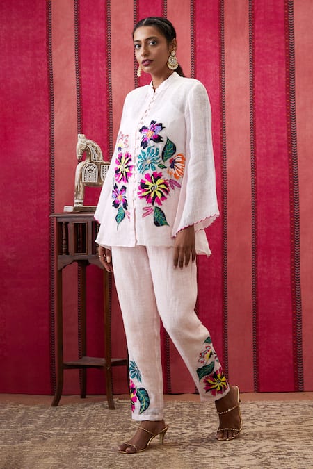 Shop Soup By Sougat Paul White Handloom Cotton Embroidery, Blossom Applique Front Open Top Pant Set Online at Aza Fashions Shop_Soup By Sougat Paul_White Handloom Cotton Embroidery, Blossom Applique Front Open Top Pant Set _Online_at_Aza_Fashions