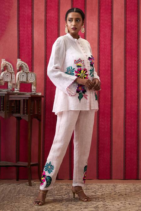 Soup By Sougat Paul White Handloom Cotton Embroidery, Blossom Applique Front Open Top Pant Set at Aza Fashions Soup By Sougat Paul_White Handloom Cotton Embroidery, Blossom Applique Front Open Top Pant Set _at_Aza_Fashions