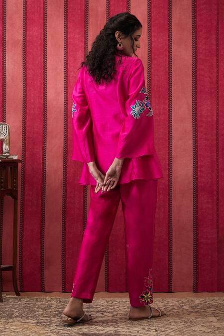 Shop Soup By Sougat Paul Pink Chanderi Silk Sequins, Applique, Embroidery Bloom Front Open Top Pant Set at Aza Fashions Shop_Soup By Sougat Paul_Pink Chanderi Silk Sequins, Applique, Embroidery Bloom Front Open Top Pant Set _at_Aza_Fashions