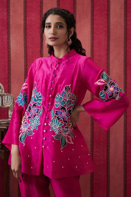 Soup By Sougat Paul Pink Chanderi Silk Sequins, Applique, Embroidery Bloom Front Open Top Pant Set Online at Aza Fashions Soup By Sougat Paul_Pink Chanderi Silk Sequins, Applique, Embroidery Bloom Front Open Top Pant Set _Online_at_Aza_Fashions