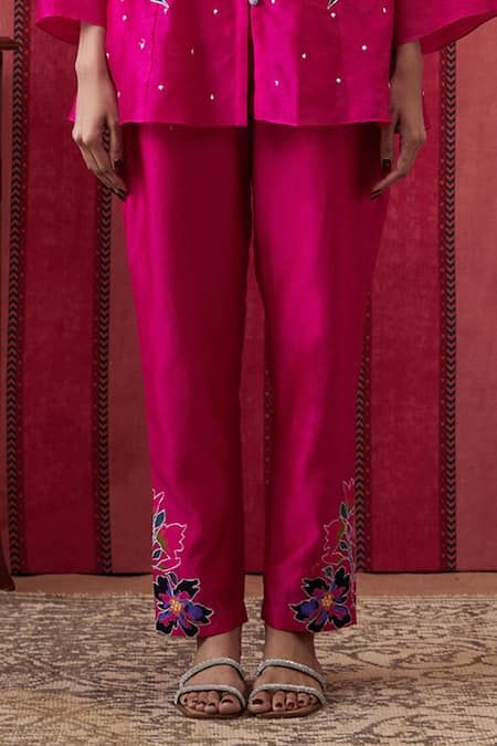 Buy Soup By Sougat Paul Pink Chanderi Silk Sequins, Applique, Embroidery Bloom Front Open Top Pant Set Online at Aza Fashions Buy_Soup By Sougat Paul_Pink Chanderi Silk Sequins, Applique, Embroidery Bloom Front Open Top Pant Set _Online_at_Aza_Fashions