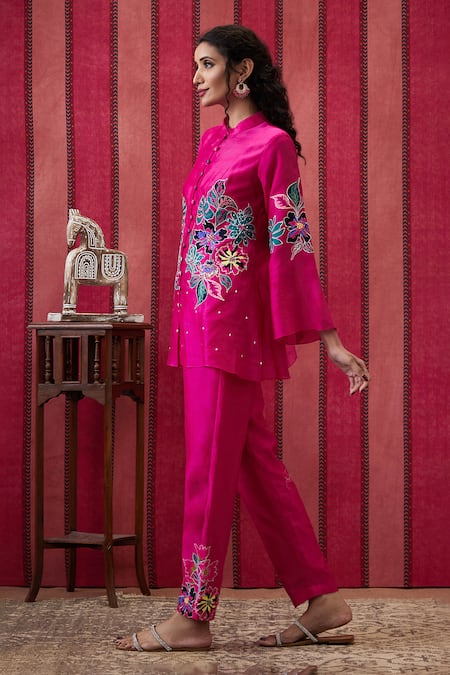 Shop Soup By Sougat Paul Pink Chanderi Silk Sequins, Applique, Embroidery Bloom Front Open Top Pant Set Online at Aza Fashions Shop_Soup By Sougat Paul_Pink Chanderi Silk Sequins, Applique, Embroidery Bloom Front Open Top Pant Set _Online_at_Aza_Fashions