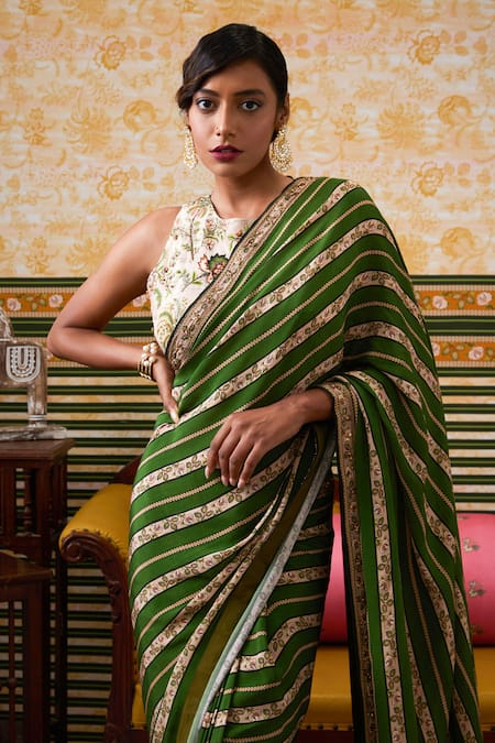 Soup By Sougat Paul_Green Crepe Ambrosia Striped Pre-draped Saree With Fleur Blouse _Online_at_Aza_Fashions