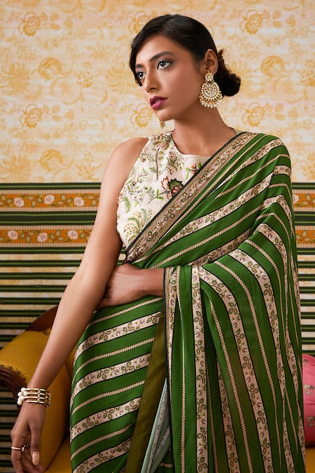 Shop_Soup By Sougat Paul_Green Crepe Ambrosia Striped Pre-draped Saree With Fleur Blouse _Online_at_Aza_Fashions