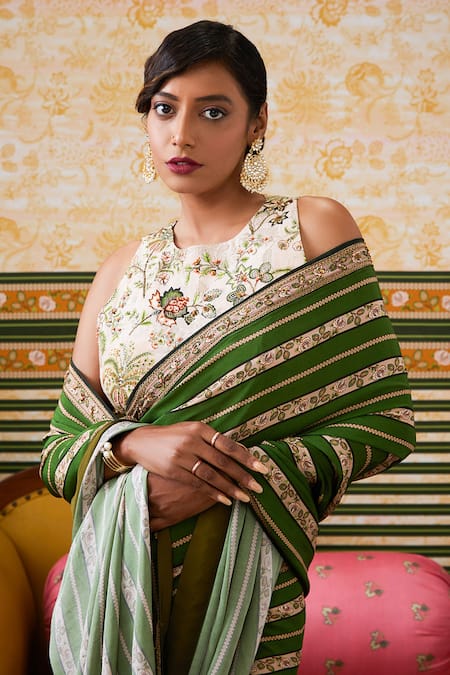 Soup By Sougat Paul_Green Crepe Ambrosia Striped Pre-draped Saree With Fleur Blouse _at_Aza_Fashions