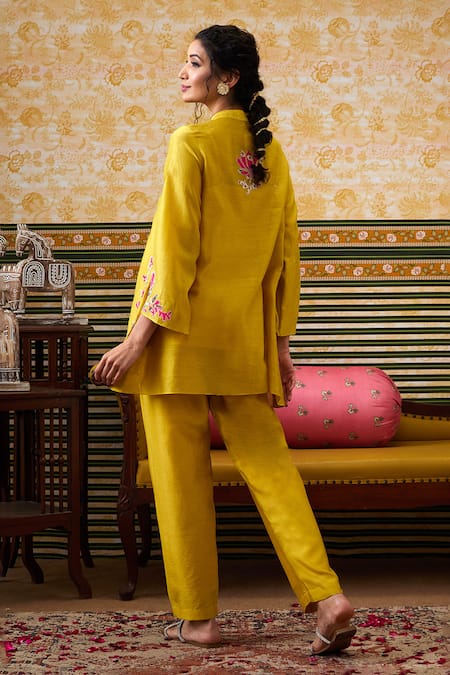 Shop Soup By Sougat Paul Yellow Chanderi, Cotton, Silk Padma Bloom Embellished Front Open Top Pant Set at Aza Fashions Shop_Soup By Sougat Paul_Yellow Chanderi, Cotton, Silk Padma Bloom Embellished Front Open Top Pant Set _at_Aza_Fashions