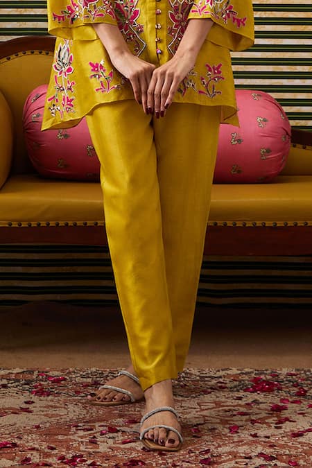 Soup By Sougat Paul Yellow Chanderi, Cotton, Silk Padma Bloom Embellished Front Open Top Pant Set Online at Aza Fashions Soup By Sougat Paul_Yellow Chanderi, Cotton, Silk Padma Bloom Embellished Front Open Top Pant Set _Online_at_Aza_Fashions