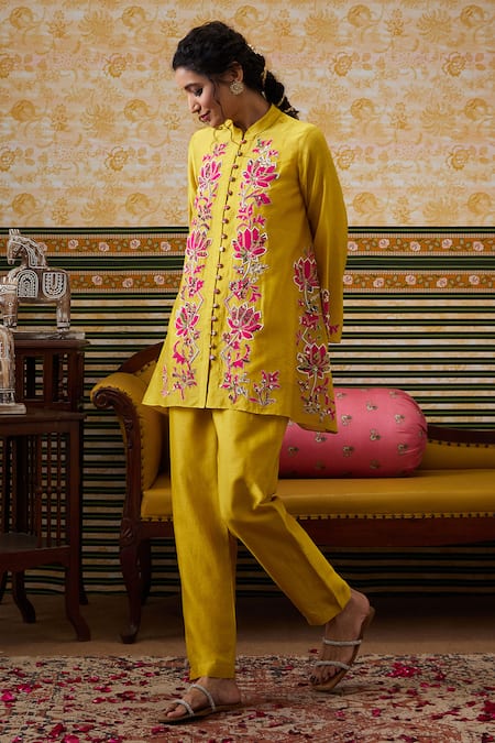 Buy Soup By Sougat Paul Yellow Chanderi, Cotton, Silk Padma Bloom Embellished Front Open Top Pant Set Online at Aza Fashions Buy_Soup By Sougat Paul_Yellow Chanderi, Cotton, Silk Padma Bloom Embellished Front Open Top Pant Set _Online_at_Aza_Fashions