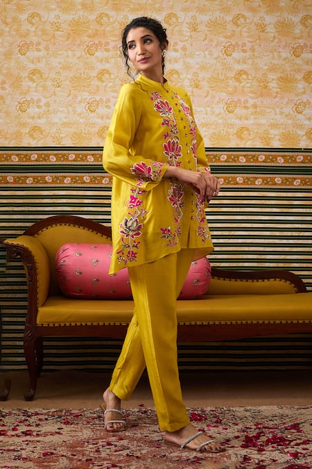 Shop Soup By Sougat Paul Yellow Chanderi, Cotton, Silk Padma Bloom Embellished Front Open Top Pant Set Online at Aza Fashions Shop_Soup By Sougat Paul_Yellow Chanderi, Cotton, Silk Padma Bloom Embellished Front Open Top Pant Set _Online_at_Aza_Fashions