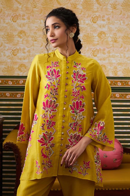 Soup By Sougat Paul Yellow Chanderi, Cotton, Silk Padma Bloom Embellished Front Open Top Pant Set at Aza Fashions Soup By Sougat Paul_Yellow Chanderi, Cotton, Silk Padma Bloom Embellished Front Open Top Pant Set _at_Aza_Fashions