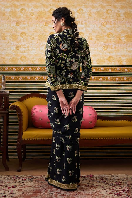 Soup By Sougat Paul Gardenia Print Embellished Jacket With Draped Skirt 