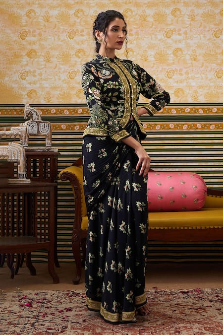 Soup By Sougat Paul_Black Crepe Sequins, Gardenia Print Embellished Jacket With Draped Skirt _Online_at_Aza_Fashions