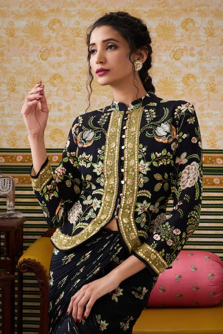 Buy_Soup By Sougat Paul_Black Crepe Sequins, Gardenia Print Embellished Jacket With Draped Skirt _Online_at_Aza_Fashions