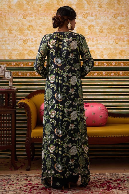 Soup By Sougat Paul Gul Print Embellished Longline Jacket Draped Skirt Set 