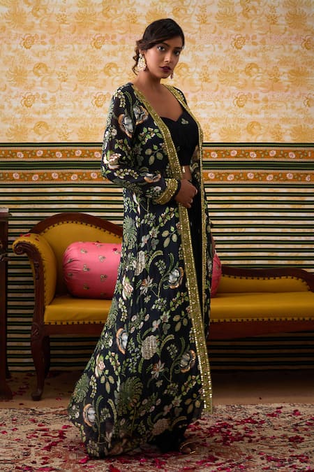 Soup By Sougat Paul_Black Crepe, Chiffon Gul Print Embellished Longline Jacket Draped Skirt Set _Online_at_Aza_Fashions