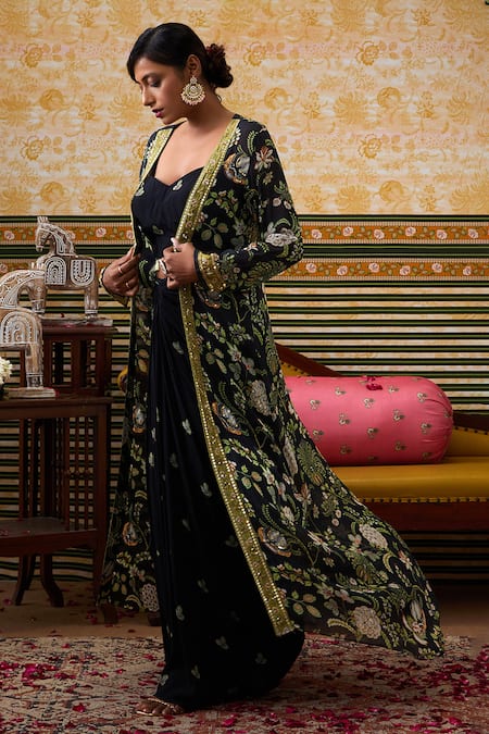 Buy_Soup By Sougat Paul_Black Crepe, Chiffon Gul Print Embellished Longline Jacket Draped Skirt Set _Online_at_Aza_Fashions