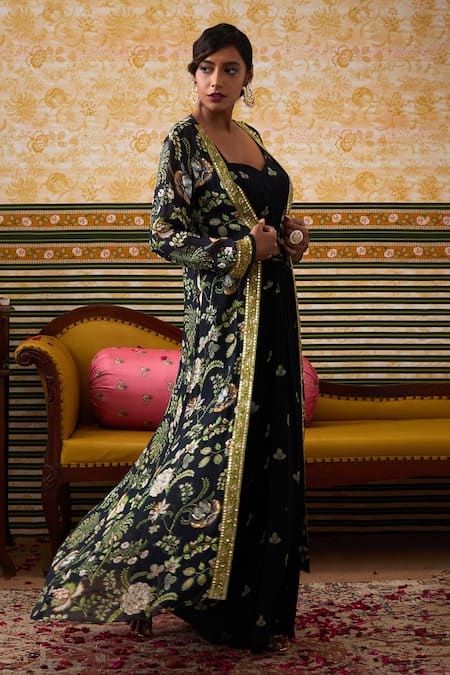 Shop_Soup By Sougat Paul_Black Crepe, Chiffon Gul Print Embellished Longline Jacket Draped Skirt Set _Online_at_Aza_Fashions