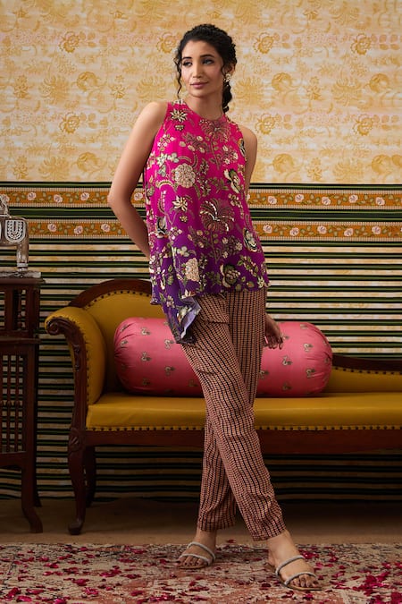 Soup By Sougat Paul_Multi Color Crepe Sequins Pansy Bloom Print Embellished Asymmetric Top With Pant _Online_at_Aza_Fashions