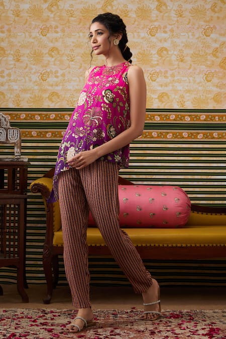 Shop_Soup By Sougat Paul_Multi Color Crepe Sequins Pansy Bloom Print Embellished Asymmetric Top With Pant _Online_at_Aza_Fashions