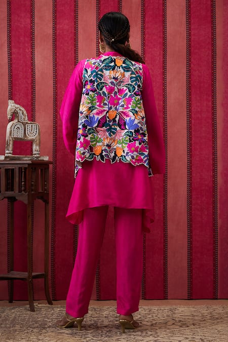 Shop Soup By Sougat Paul Pink Silk Embroidery Open Neck, Mandarin Flowery Print Cut Work Jacket Pant Set at Aza Fashions Shop_Soup By Sougat Paul_Pink Silk Embroidery Open Neck, Mandarin Flowery Print Cut Work Jacket Pant Set _at_Aza_Fashions