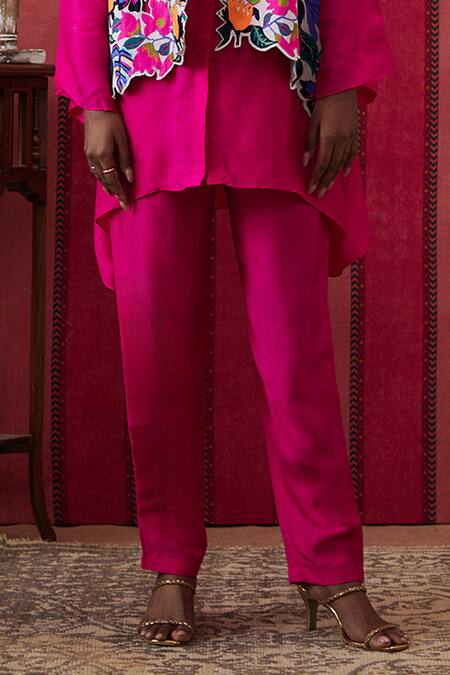 Soup By Sougat Paul Pink Silk Embroidery Open Neck, Mandarin Flowery Print Cut Work Jacket Pant Set Online at Aza Fashions Soup By Sougat Paul_Pink Silk Embroidery Open Neck, Mandarin Flowery Print Cut Work Jacket Pant Set _Online_at_Aza_Fashions