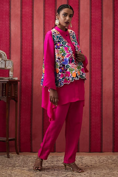 Buy Soup By Sougat Paul Pink Silk Embroidery Open Neck, Mandarin Flowery Print Cut Work Jacket Pant Set Online at Aza Fashions Buy_Soup By Sougat Paul_Pink Silk Embroidery Open Neck, Mandarin Flowery Print Cut Work Jacket Pant Set _Online_at_Aza_Fashions