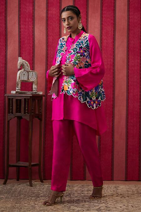 Shop Soup By Sougat Paul Pink Silk Embroidery Open Neck, Mandarin Flowery Print Cut Work Jacket Pant Set Online at Aza Fashions Shop_Soup By Sougat Paul_Pink Silk Embroidery Open Neck, Mandarin Flowery Print Cut Work Jacket Pant Set _Online_at_Aza_Fashions