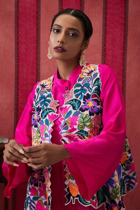 Soup By Sougat Paul Pink Silk Embroidery Open Neck, Mandarin Flowery Print Cut Work Jacket Pant Set at Aza Fashions Soup By Sougat Paul_Pink Silk Embroidery Open Neck, Mandarin Flowery Print Cut Work Jacket Pant Set _at_Aza_Fashions