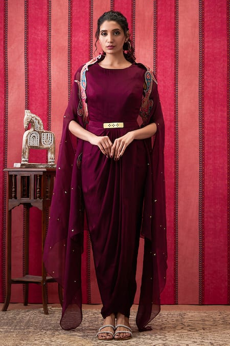 Soup by Sougat Paul Plain Satin Draped Dress With Paisley Cut Work Border Cape 