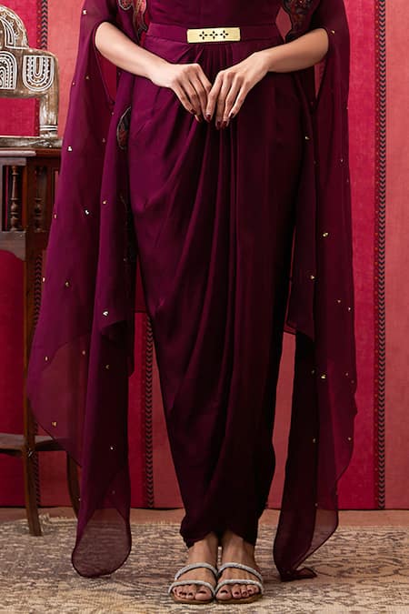 Soup By Sougat Paul_Wine Satin, Organza Plain Draped Dress With Paisley Cut Work Border Cape _Online_at_Aza_Fashions