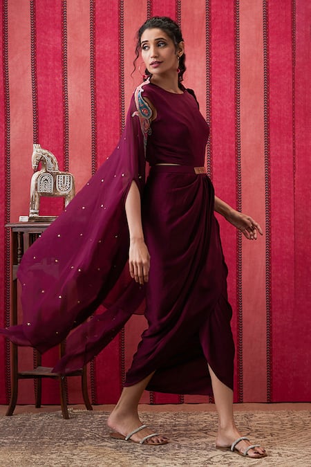 Shop_Soup By Sougat Paul_Wine Satin, Organza Plain Draped Dress With Paisley Cut Work Border Cape _Online_at_Aza_Fashions