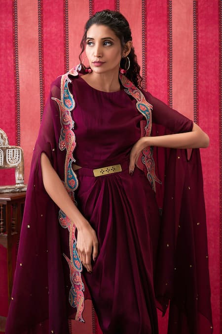 Soup By Sougat Paul_Wine Satin, Organza Plain Draped Dress With Paisley Cut Work Border Cape _at_Aza_Fashions
