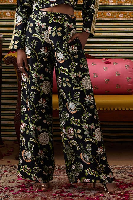 Soup By Sougat Paul_Black Silk Collared Midnight Garden Print Crop Top With Pant _Online_at_Aza_Fashions